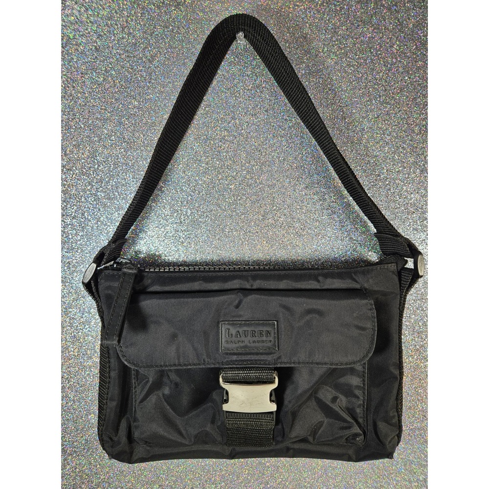 LAUREN Ralph Lauren Black Nylon‎ Shoulder Bag Buckle Utility Satchel Handbag